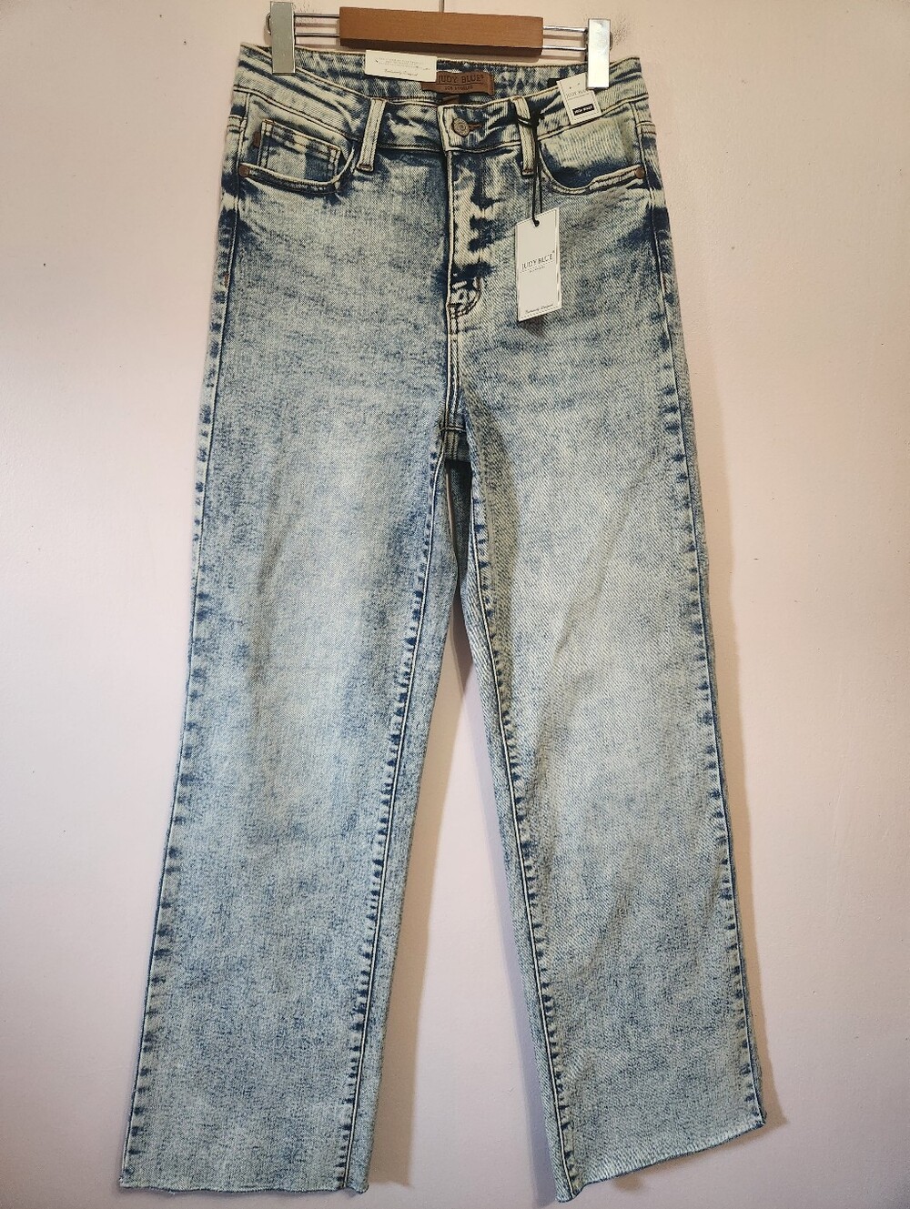 NWT Judy Blue High Waist Wide Leg Jeans 7/28 Light Acid Mineral Wash Raw Hem Y2K